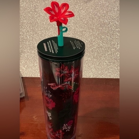 - 2022  Starbucks Tumbler Green "Enchanted Forest"with Flower Straw Topper - Picture 1 of 16
